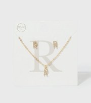 New Look Gold R Initial Earrings and Necklace Gift Set